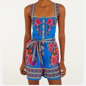 FARM RIO Blue Summer Fruit Scarf Romper
 FloraL Square Neck Wide Straps Beading